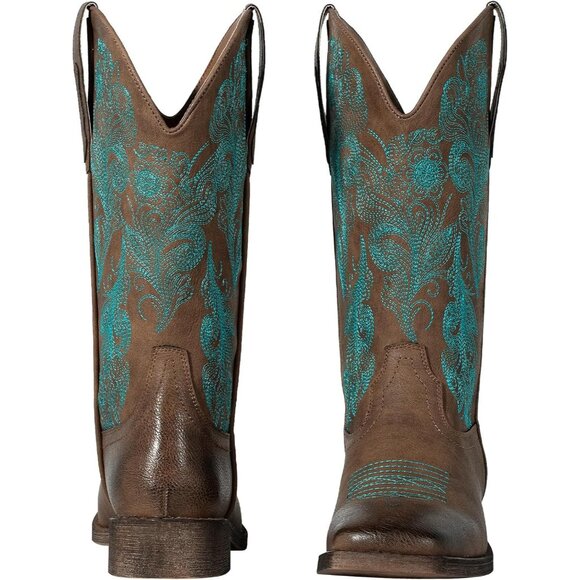 Women Dark-Brown Square Toe Calf High Fashion Western Embroidered Cowgirl Boots - Picture 2 of 9